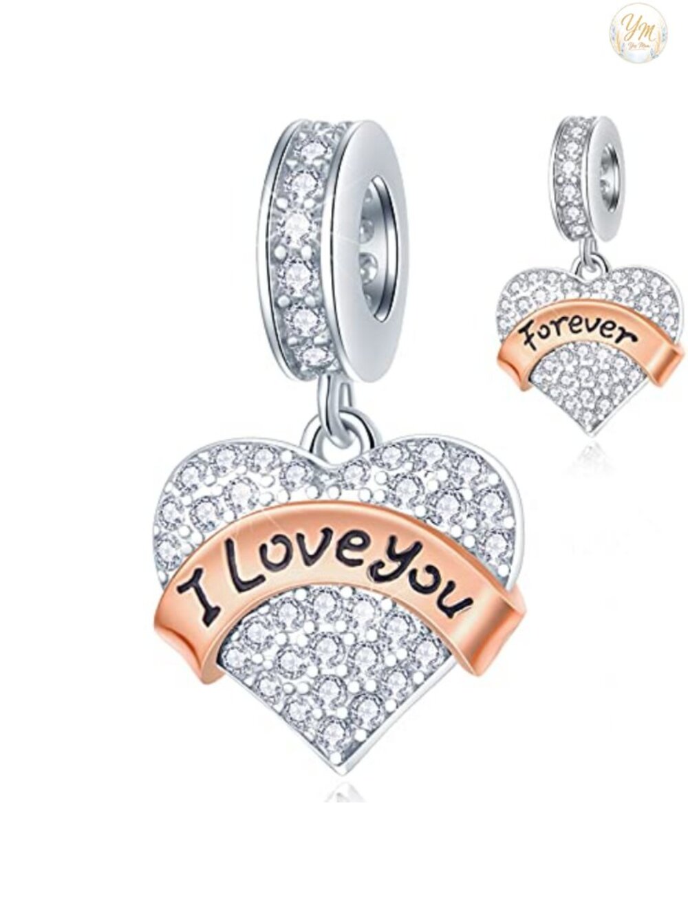 925 Sterling Silver Heart Charm Bead for Bracelets - Rose Gold Plated Cubic
